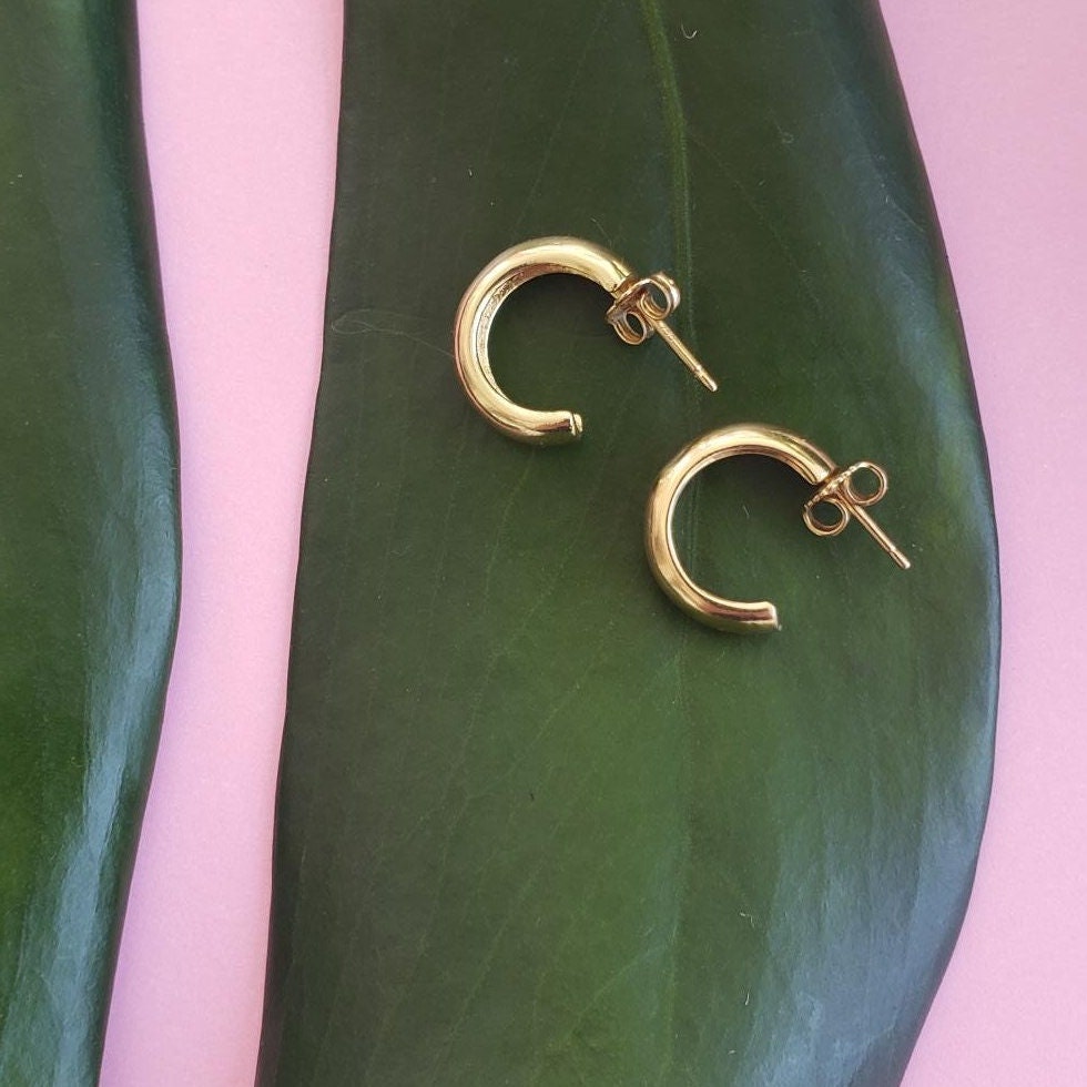 Solid Gold C Hoop Earrings: Chunky Minimalist 18K Gold Jewelry