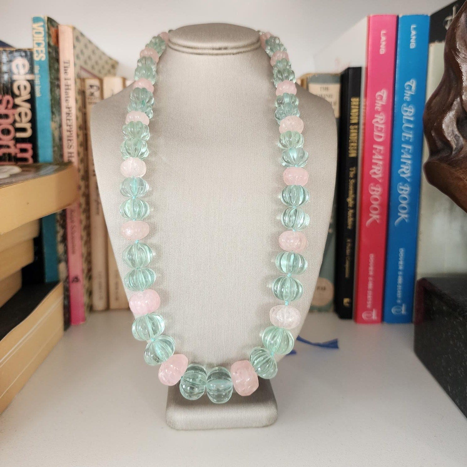 Morganite and Flourite Carved Bead Necklace