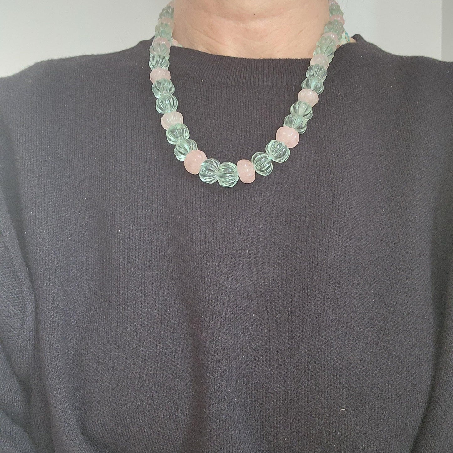 Morganite and Flourite Carved Bead Necklace