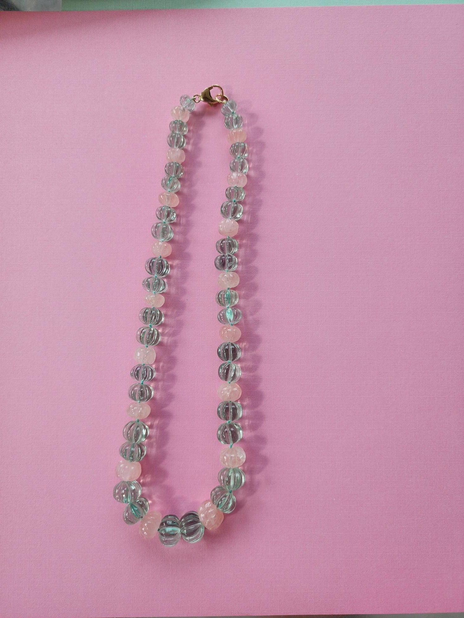 Morganite and Flourite Carved Bead Necklace